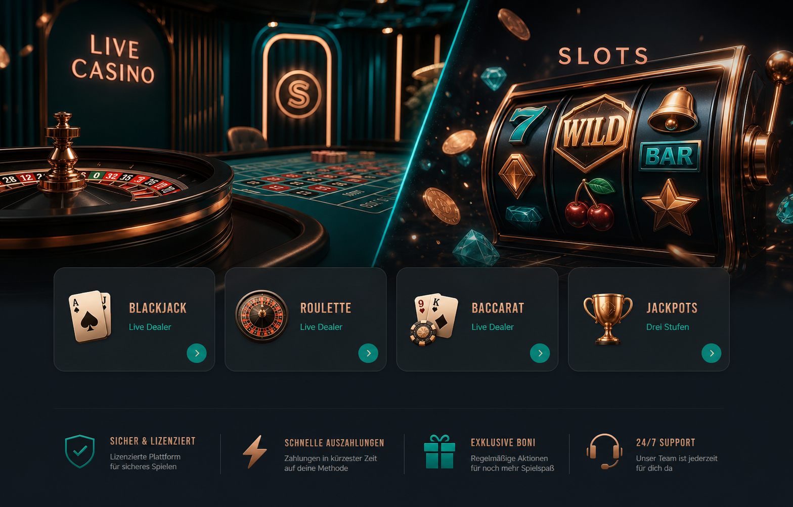 Live-Tische und Slots als getrennte Nutzerbereiche.